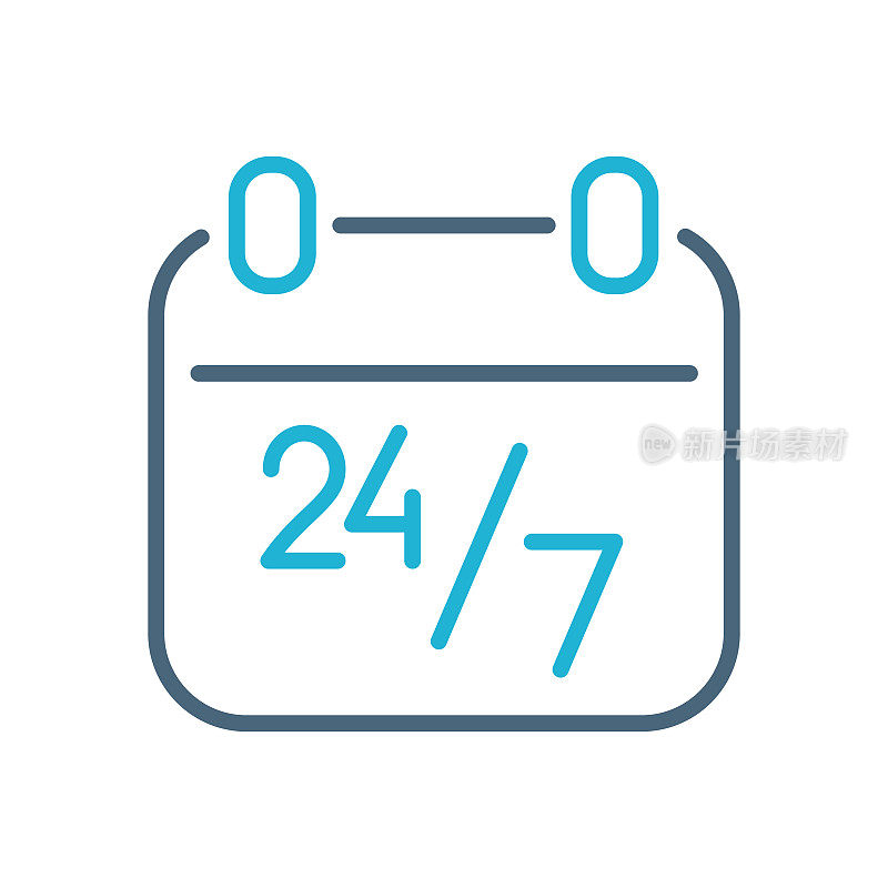 日历24/7围绕时钟-线图标。向量股票插图